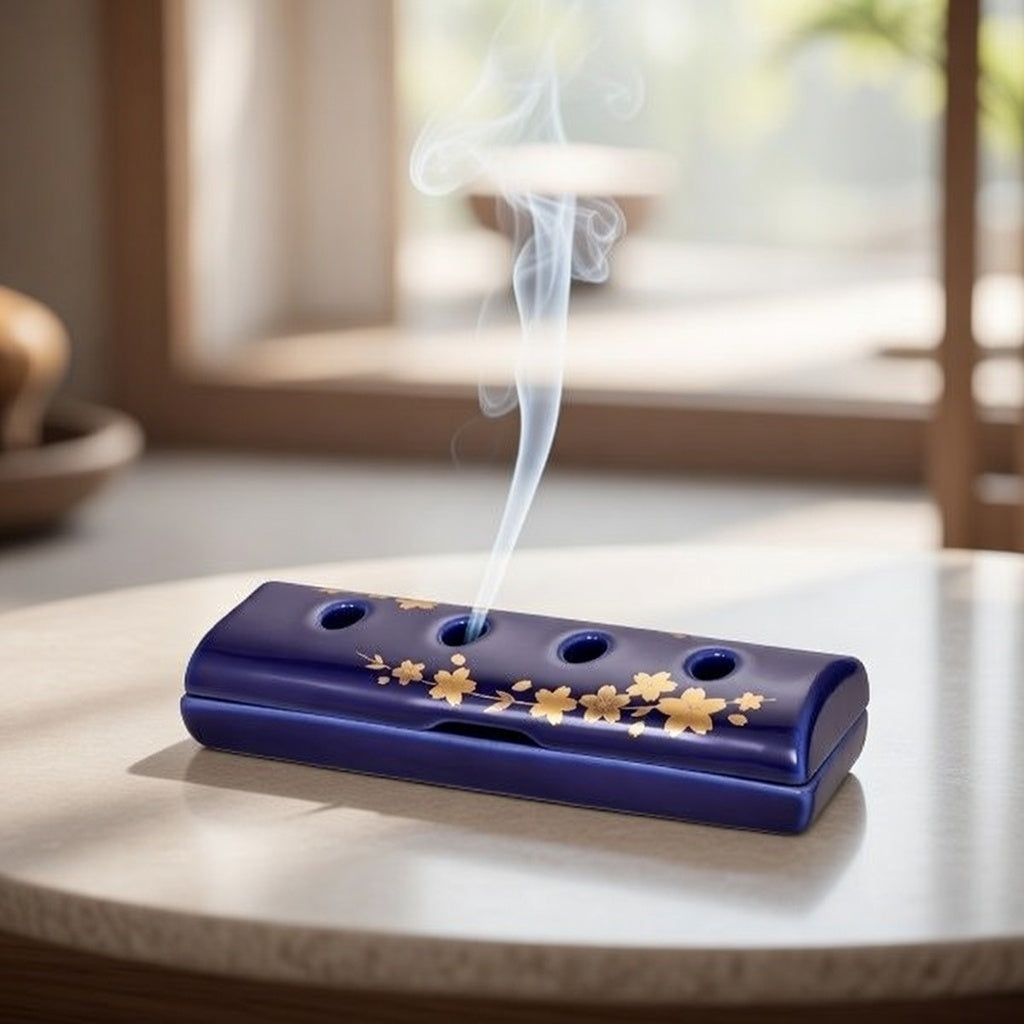 Reclining incense tray (large), cherry blossoms in lapis lazuli