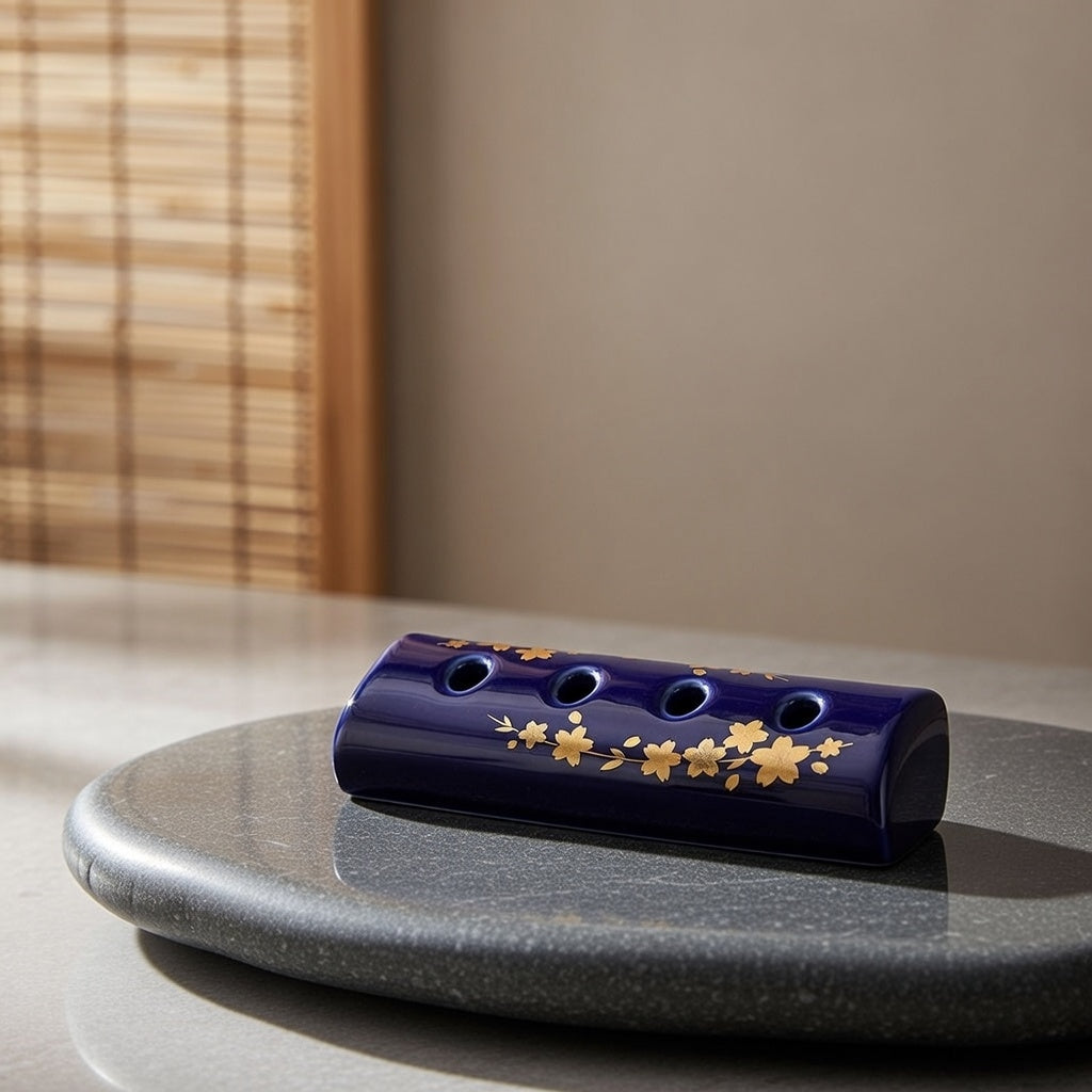 Reclining incense tray (large), cherry blossoms in lapis lazuli